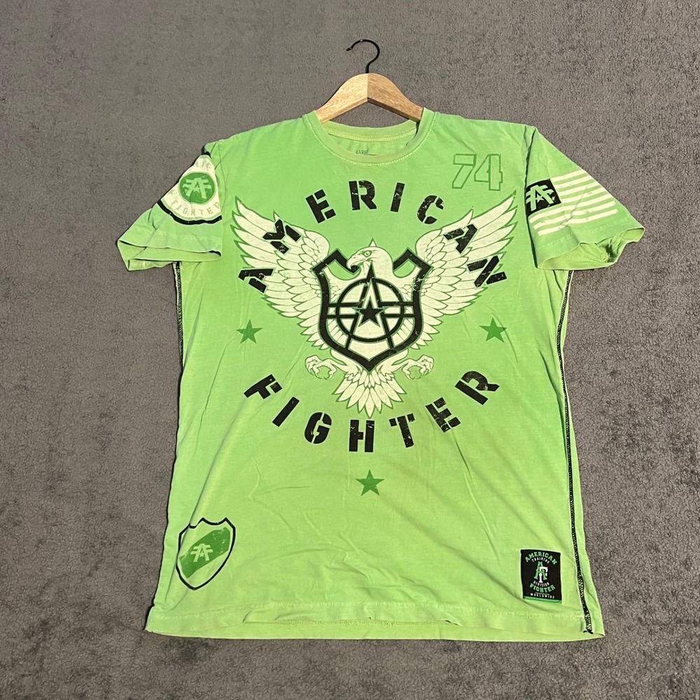 Y2K American Fighter Affliction Mens Large Green Distressed Graphic MMA T-Shirt